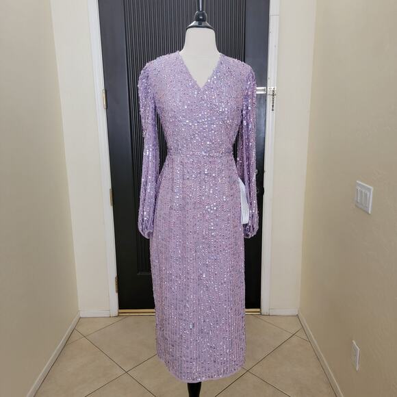 Mac Duggal 107641 Lavender Purple 2 Sequin Lilac Long Sleeve Midi Dress Evening - Picture 2 of 13